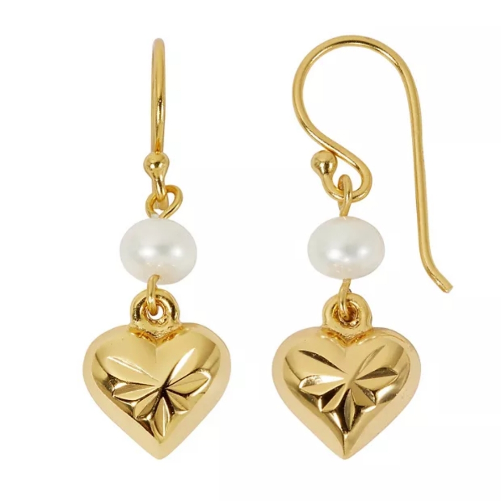 Heart & Freshwater Pearl Earrrings Primavera Italy 24K Gold / Sterling Silver